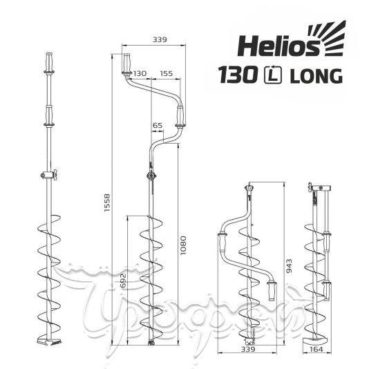 Ледобур Helios Long 130 мм, левое вращение, длина шнека 70см 