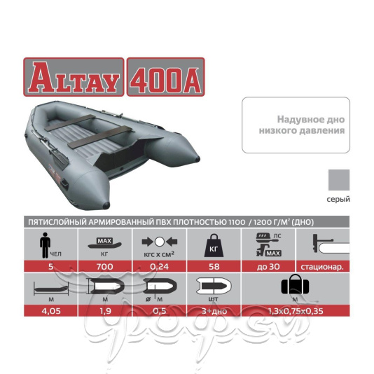 Лодка Алтай 400А (серый, надувное дно) Тонар